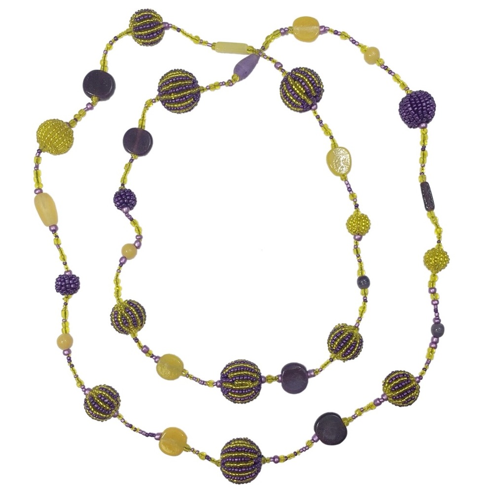 Purple & Yellow Handmade Glass Seed Bead Long Necklace